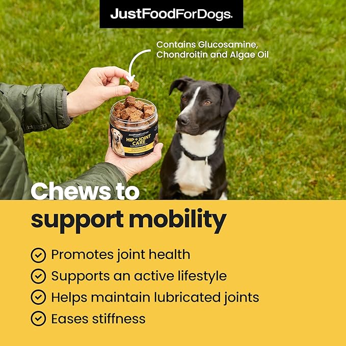 JustFoodForDogs Hip and Joint Supplement for Dogs, Human Grade Glucosamine Chondroitin Dog Supplements, Multivitamin Soft Chews, Omega 3 Oil, Superfood Blend, Plant Based Dog Vitamins - 45 Count