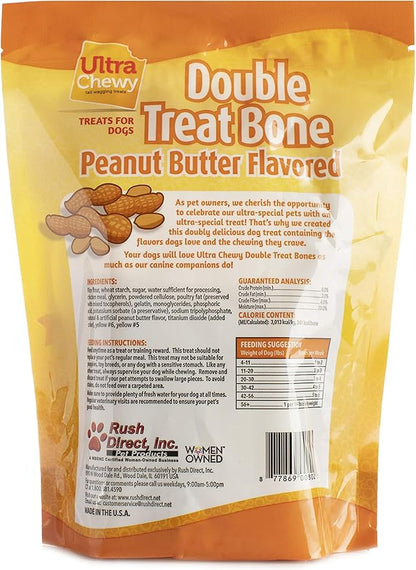 Ultra Chewy Peanut Butter Double Treat Bones: Long-Lasting Dog Treats Made in USA for Large and Small Breeds, Highly Digestible, Ideal for Aggressive Chewers (2 Value Packs)