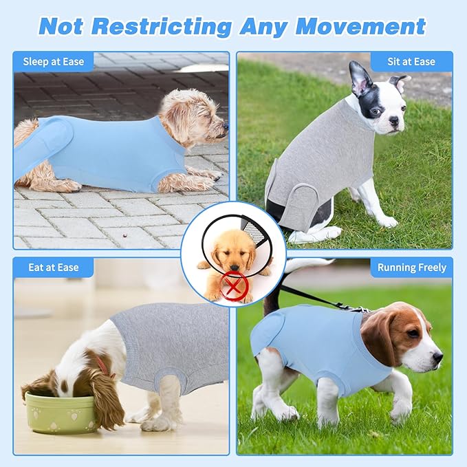 2 Packs Breathable Cotton Dog Recovery Suit for After Neuter Spay Abdominal Wounds Protector, Professional Anti-Licking Onesies for Male Female Pets Surgery Bandages, XL Grey Blue Pure