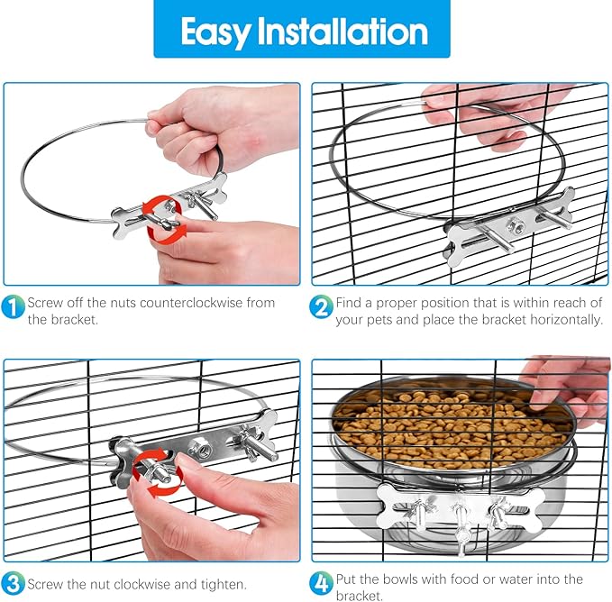 2 Pcs Medium Dog Food Water Bowl for Cage with Upgraded Clamp Holder, Pet Kennel Hanging Bowls Stainless Steel Non-Spill Detectable Bowls Crate Feeder for Medium Dogs (6.3x2.3'' & 5.5x2'')