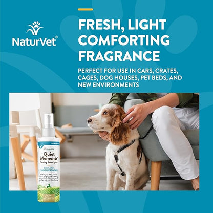 NaturVet Quiet Moments Herbal Calming Room Spray Dog Supplement - Ideal for Cars, Dog Crates, New Environments - Helps Reduce Pet Stress, Storm Anxiety, Motion Sickness - 8 Oz.