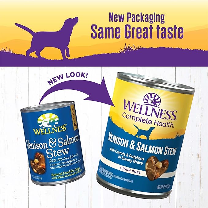 Wellness Complete Health Stew Adult Canned Wet Dog Food, Grain Free, Natural, Venison and Salmon Recipe, 12.5 oz, Pack of 12 Cans