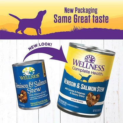 Wellness Complete Health Stew Adult Canned Wet Dog Food, Grain Free, Natural, Venison and Salmon Recipe, 12.5 oz, Pack of 12 Cans