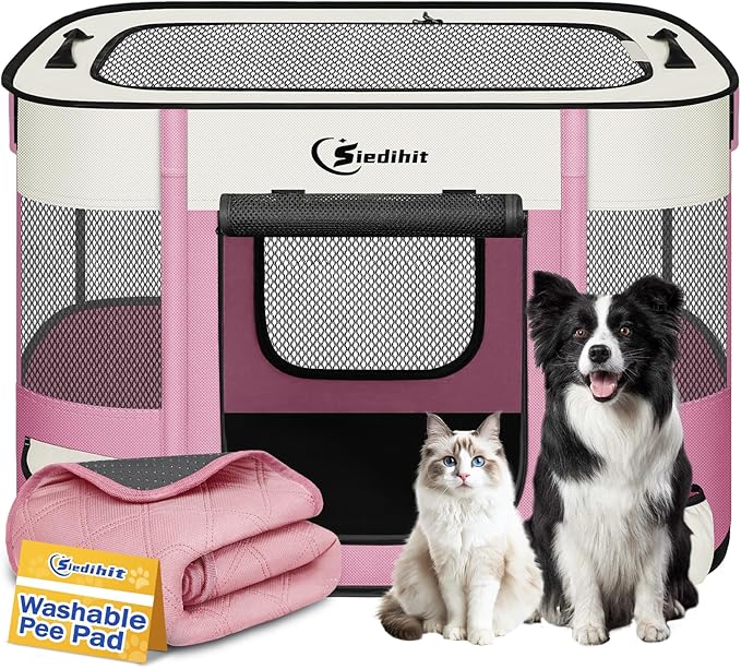 Dog Playpen,Cat Pet Puppy Pen,Portable Playpens for Dogs Indoor Outdoor Travel Camping Use,Foldable Dog Kennel Tent Crate for Rabbit Small Animals with Carrying Case (Pink with Pad, Medium)