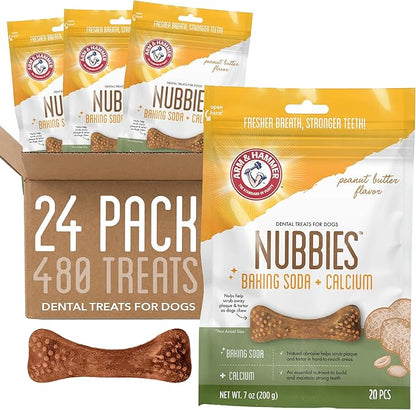 Arm & Hammer for Pets Nubbies Dental Treats - Baking Soda & Calcium Dog Dental Chews, Nubbed Texture Helps Scrub Plaque & Tartar While Chewing, Peanut Butter Flavor, 20 Count, 7 Ounce - 24 Pack