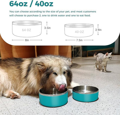 WENBOKMIN Dog Bowl, Stainless Steel Dog Food and Water Bowl with Non Slip Quiet Bottom, Easy to Clean, Dishwasher Safe, 64oz, Lake Blue