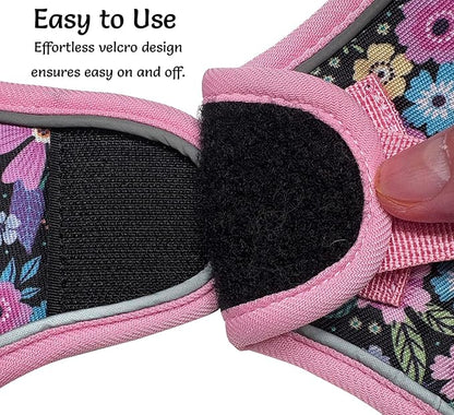Mihqy Step in Dog Harness and Leash Set, Reflective Adjustable No Pull Dog Harness for Small Medium Dogs Puppy and Cats, Soft Padded Mesh Vest Harnesses for Girl and Boy Pets(Pink Floral,M)