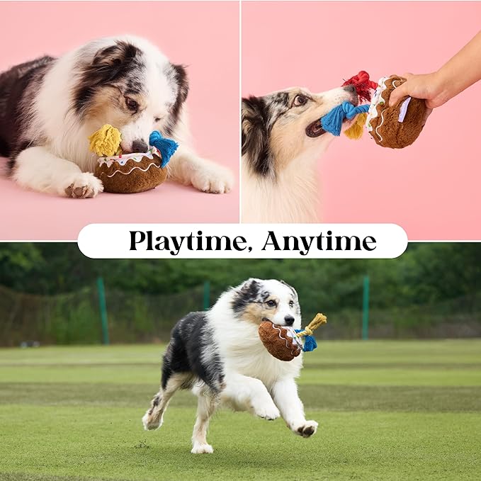 LE SURE Dog Birthday Cake Toy - Cute Dog Birthday Cake Squeaky Toy with Interactive Tug Rope, Interactive Chew Toy for Puppy Birthday Party & Daily Play, XSmall, Milk Chocolate