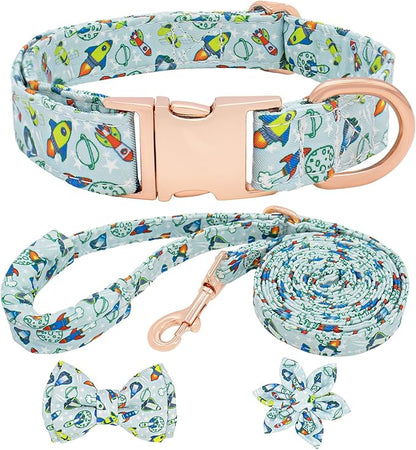 Dog Collar and Leash Set Adjustable Girls Puppy Floral Collars with Bow Tie for Small Medium Large Dogs(M, Rocket)