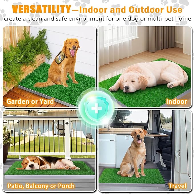 Dog Grass Pad with Tray - 34"x23.6" Large Dog Potty Indoor Outdoor - Odor-Free 4-Layer Drainage System with Stainless Steel Tray - Artificial Grass Turf for Large to Small Dogs, Balcony & Porch