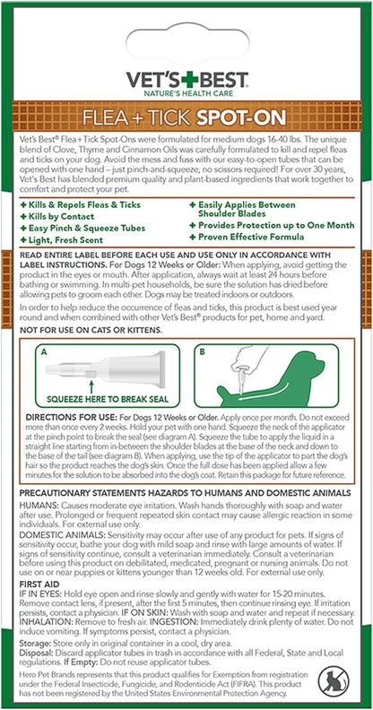 Vet's Best Topical Flea & Tick Treatment for Dogs 16-40lbs, 4 Month Supply