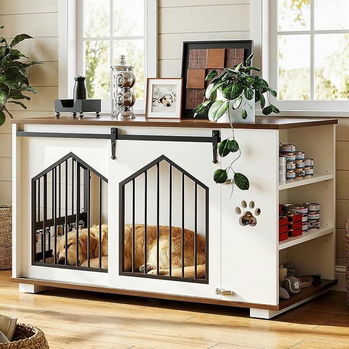 IRONCK Large Dog Crate Furniture with 2 Rotatable Dog Bowls, Wooden Dog Kennel with 2 Adjustable Shelves, Barn Doors Decorative Pet Cage Dog House as TV Stand, White
