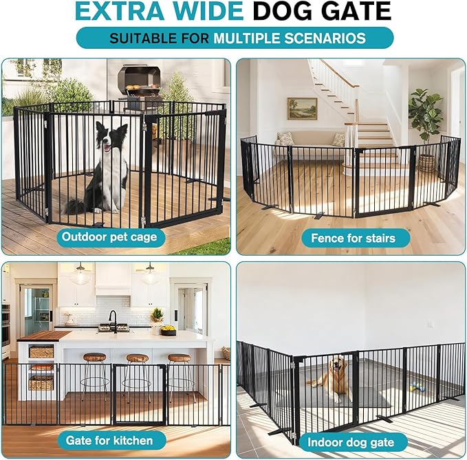 Snagle Paw Extra Wide Dog Gate,Free Standing Dog Fence with Door, Up to 208 Inch Wide Pet Gate with Support Feet for Stairs, Hallways, Doorways, Yard (Black, 8 Panels)