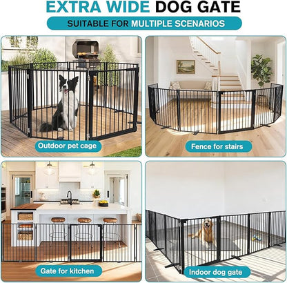 Snagle Paw Extra Wide Dog Gate,Free Standing Dog Fence with Door, Up to 208 Inch Wide Pet Gate with Support Feet for Stairs, Hallways, Doorways, Yard (Black, 8 Panels)
