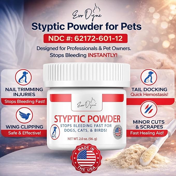 Styptic Powder for Dogs, Cats, and Birds (2 oz) by Evo Dyne | Fast-Acting Blood Stop for Pets | Quick Stop Bleeding Powder for Dog Nail Clipping, Grooming, Cuts and More (1-Pack)
