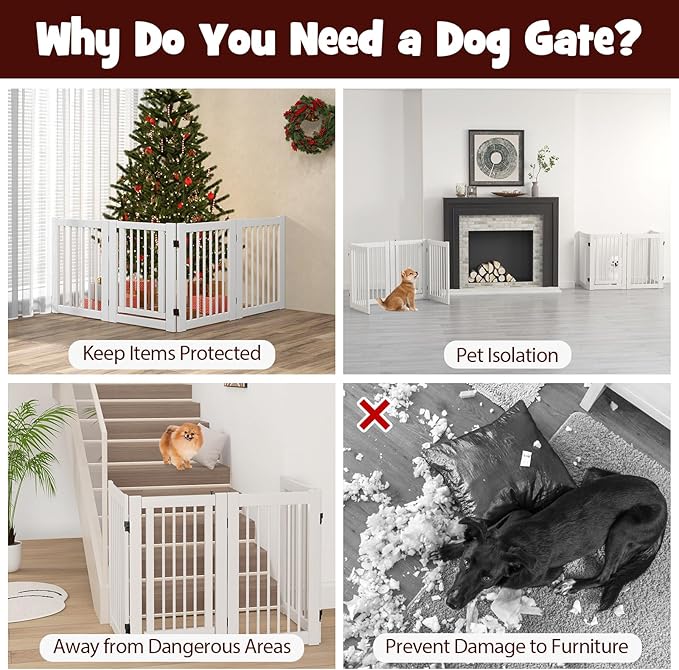 Giantex Dog Gate with Door - 30''H × 80''W Wooden Pet Gate with Walk Through Door, Foldable Freestanding 4 Panels Pet Safety Fence Extra Wide for Doorway Stairs House Deck Yard, White