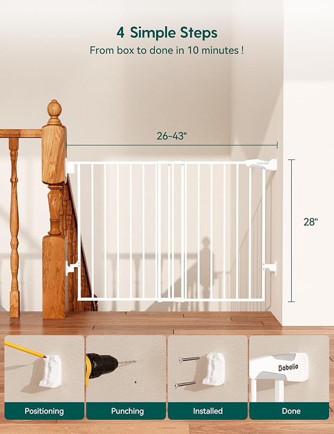 Babelio Baby Gate for Stairs, Kitchen & Doorways, No Bottom Bar| Easy Installation| One-Handed Operation| Auto-Close| Hardware Mount (Drill Needed) Safety Dog Gate (White - 2 Pcs, 26-43" W, 28" H)