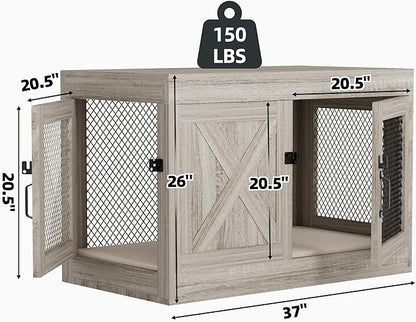 Xilingol Corner Dog Crate Furniture with Double Doors, 36 Inch Wooden Dog Kennel End Table Indoor with Mesh, Cage/House for Small Medium Large Dog, Decorative Pet Crate Indoor Use, Grey