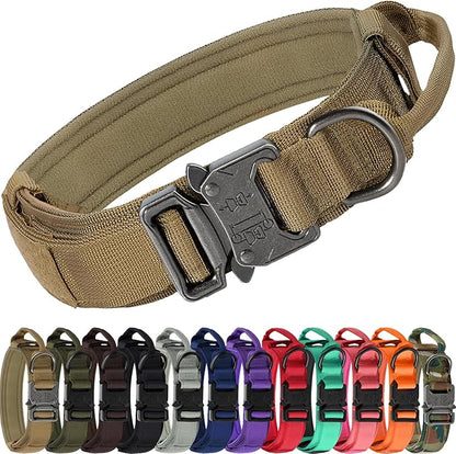 Joytale Tactical Dog Collar with Handle and Metal Buckle, Heavy Duty Padded Military Collar with 2 Patches for Training, Adjustable for XLarge Dogs, Khaki, XL