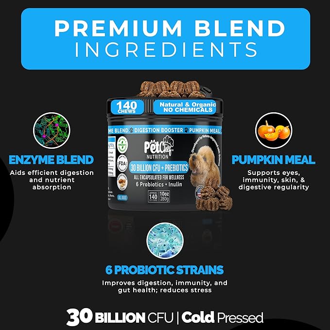 Pet Chef Probiotics for Dogs with Prebiotics & Enzymes 140 Natural Health Soft Chews for Gut & Skin Health Puppy-Friendly Chews. Stops IBS, Gas, Dog Paw Licking & Itching Support (Peanut Butter)