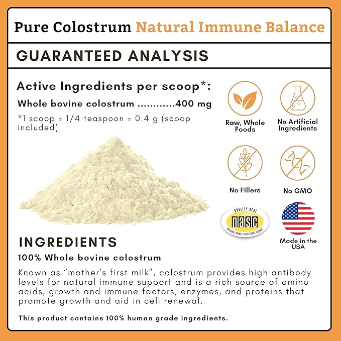 Wholistic Pet Organics Colostrum for Dogs & Cats - Bovine Colostrum Powder - Cat & Dog Allergy Relief, Immune Support & Itching Skin Relief - Cat and Dog Vitamins for Itchy Skin - 1 oz - 70 Scoops