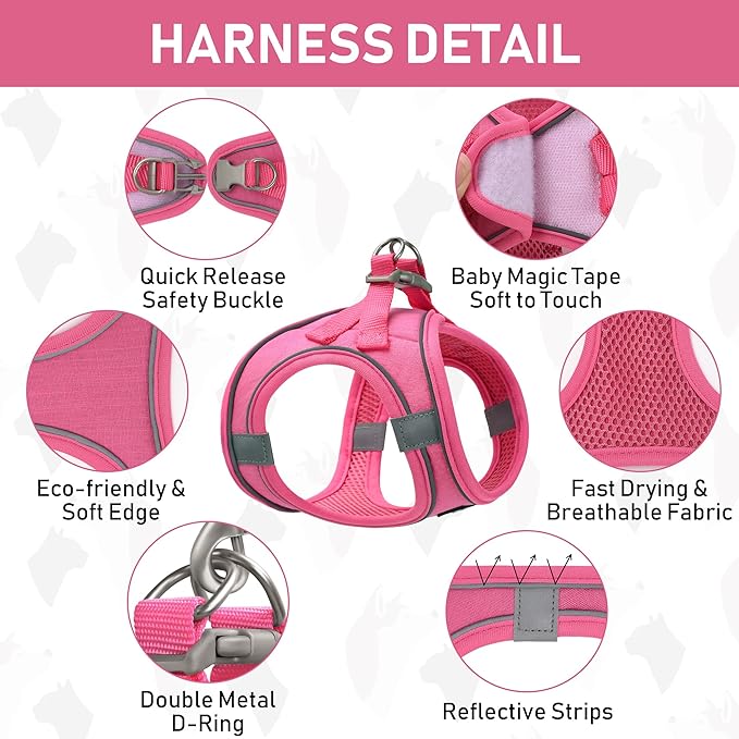 GAMUDA Small Pet Harness Collar and Leash Set, Step in No Chock No Pull Linen Fabric Soft Mesh Dog Vest Harnesses Reflective for Dogs Puppy Cats Kitten Rabbit (Pink, XS)