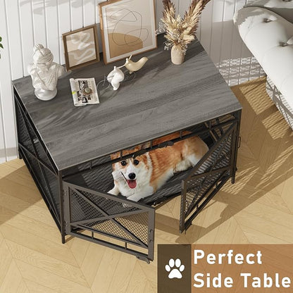 Dog Crate Furniture, Wooden Dog Kennel Table, Heavy Duty Large Indoor Dog House with Three Doors, 43" Large Size (Grey)