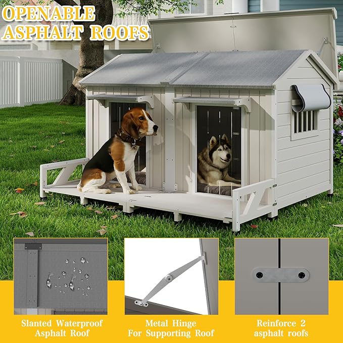 PetsCosset 59.4" L Large Dog House Outdoor & Indoor,Fir Wood Dog Kennel with Weatherproof Openable Asphalt Roof,Spacious Doghouse with Anti-Chewing Metal Edges for Small & Medium & Large Dogs,Grey