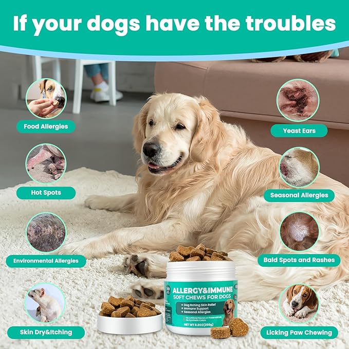 VUN Dog Allergy Relief Chews,Itchy Skin and Coat Relief,Paw Licking Support with Omega 3 Fish Oil,Probiotics Colostrum for Seasonal Allergy and Hot Spot,Immune Supplement for Dogs-100 Soft Chews