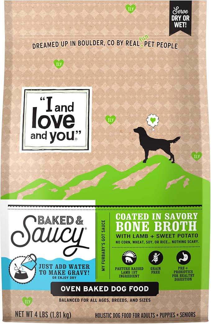 I AND LOVE AND YOU Baked and Saucy Dry Dog Food - Lamb + Sweet Potato - Prebiotic + Probiotic, Real Meat, Grain Free, No Fillers, 4lb Bag