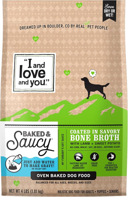 I AND LOVE AND YOU Baked and Saucy Dry Dog Food - Lamb + Sweet Potato - Prebiotic + Probiotic, Real Meat, Grain Free, No Fillers, 4lb Bag