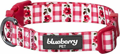 Blueberry Pet Spring Scent Inspired Dainty Flower Dog Collar, Pink Check, Adjustable Dog Collar for Medium Dogs, Size Medium, Neck 14.5-20"