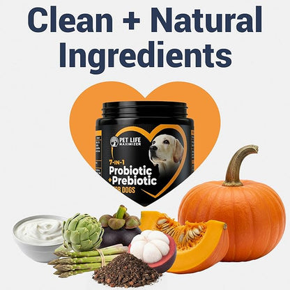 7-in-1 Probiotic + Prebiotic for Dogs. For Digestive Health, Yeast, Itchy Skin, Itchy Ears, Paw Licking. Dog Gut Health Probiotics Supplement 5 Billion CFU Multi-Strain Formula. Daily Powder Topper