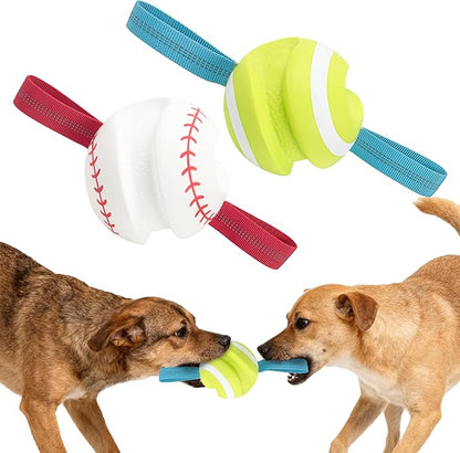 LECHONG Dog Balls with Straps for Tugging 2 Pcs, Interactive Dog Toys, Puppy Toys to Keep Them Busy, High Bouncy Balls for Dogs, Tennis Ball Base Ball Toys