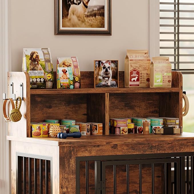 IRONCK Dog Crate Furniture, 33.4 inches Wooden Small Dog Crate with Storage and 4 Hooks, Heavy Duty Pet Crate for Small Dog, Decorative Pet Cage for Indoor (19.3" L x 33.4" W x 37.4" H)