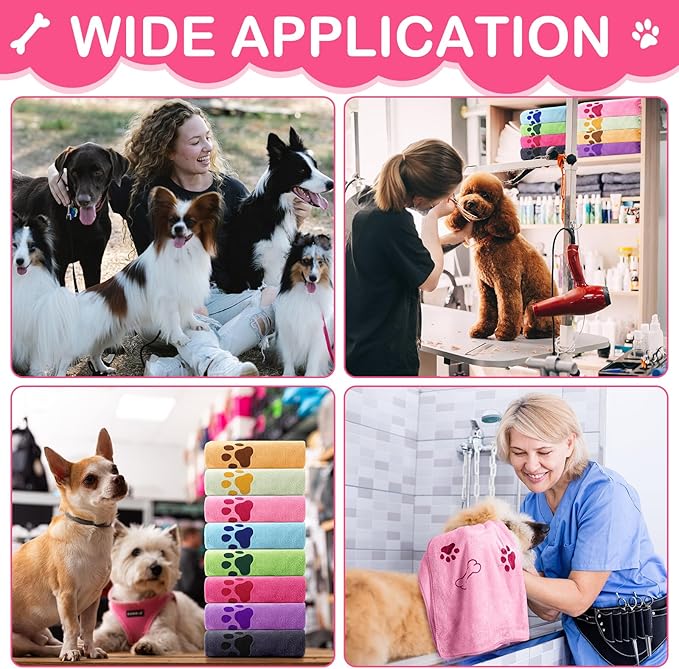 Chumia 8 Pcs Dog Towels for Drying Dogs Cats Pet Towels Bulk Puppy Microfiber Fast Drying Paw Bath Bathing Supplies Absorbent for Medium Pets(18 x 28 Inch,Dog Paw and Bone,Sweet Color)