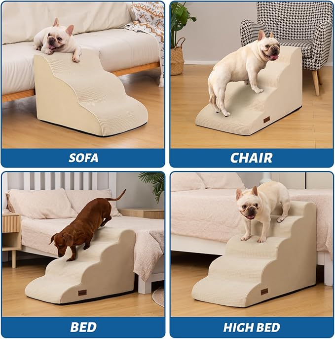 Aodisman 3-Step Dog Ramp and Stairs for Sofa and Chair - Non-Slip Sturdy Pet Steps for Small Dogs and Cats,15.7" H,Beige