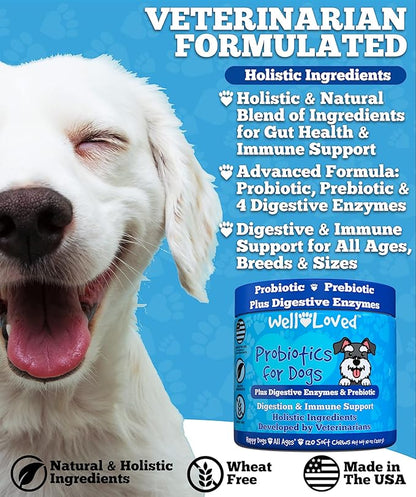 Well Loved Probiotics for Dogs, Dog Probiotics, Made in USA, Vet Developed for Gut Health, Yeast Balance, Itchy Skin, Diarrhea & Gas Relief, Chews with Prebiotic & Digestive Enzymes, Digestive Support