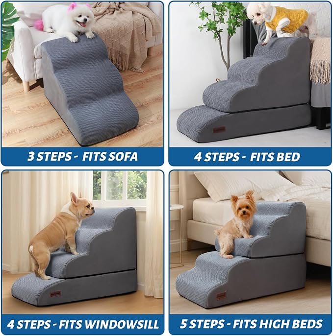 Aodisman 4-Step Dog Stairs and Ramp for Beds or Couches – Non-Slip Sturdy Pet Steps for Small Dogs and Cats,21" H,Grey