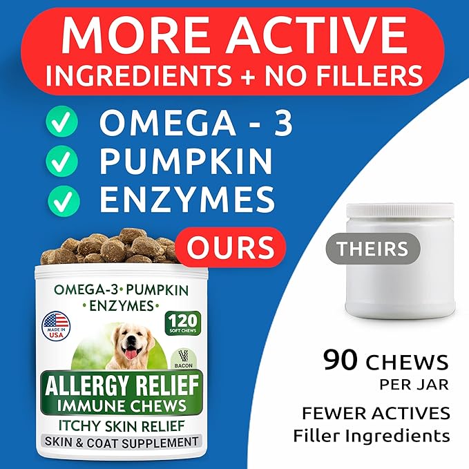 BARK&SPARK Dog Allergy Relief Soft Chews for Skin Health & Seasonal Allergies - Anti-Itch Supplement w/Omega-3, Quercetin & Bromelain Immune Treats for Dry Skin & Hot Spots - Bacon - 240ct
