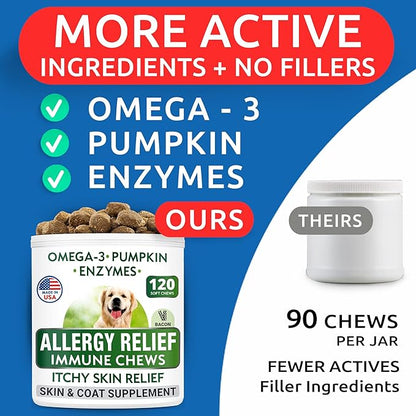 BARK&SPARK Dog Allergy Relief Soft Chews for Skin Health & Seasonal Allergies - Anti-Itch Supplement w/Omega-3, Quercetin & Bromelain Immune Treats for Dry Skin & Hot Spots - Bacon - 240ct