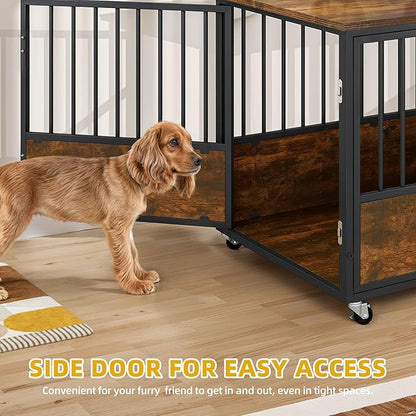 DWVO Dog Crate Furniture with Wheels, 43 Inch Dog Kennel Indoor Furniture End Table Dog Crate for Dogs, Farmhouse Decorative Wooden Dog Cage Table with Double-Doors, Chew-Resistant, Rustic Brown