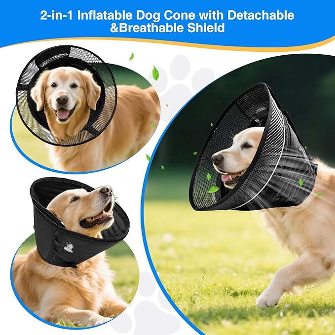Inflatable Dog Cone for Dogs After Surgery,Soft Adjustable Elizabethan Collar for Large Dogs,2-in-1 Dog Cone with Detachable Shield,Anti-Anxiety Comfortable Pet E-Collar Prevents Licking Wounds(XL)