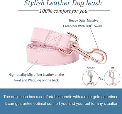 Dog Collar and Leash Set.Soft and Easy to Clean Vegan Leather with Rose Gold Metal Buckle for Small Medium Large Dogs (Pink, S(12.2"-16.9"))