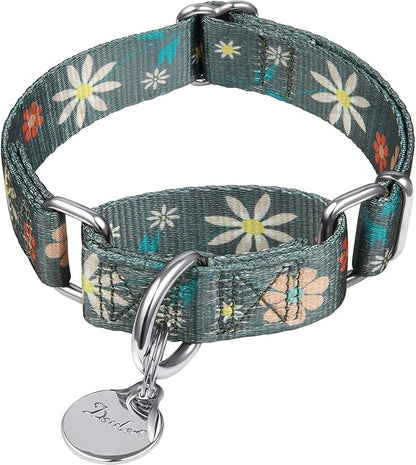 Martingale Collar Floral Print Dog Collar, No Pull Pet Collar, Heavy Duty Adjustable Dog Collar, Medium, Neck 14 Inch to 21 Inch, Warm Grey Flowers