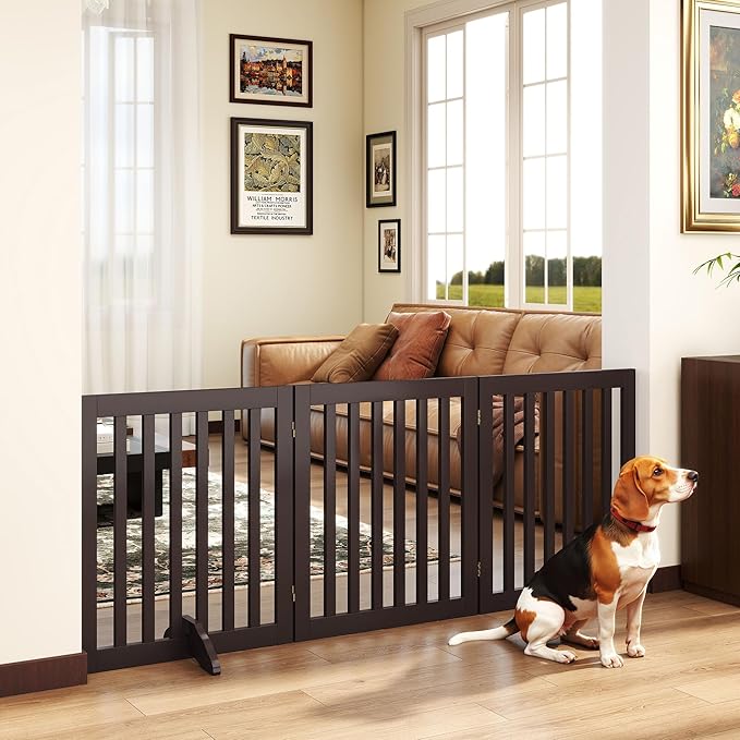 PUPETPO 24”H Freestanding Wooden Pet Gate, Dog Gate for Stairs, Doorways, and Hallways, Step Over Foldable Pet Fence for Indoor Use, Support Feet Included, 60 inch Wide 3 Panels, Espresso