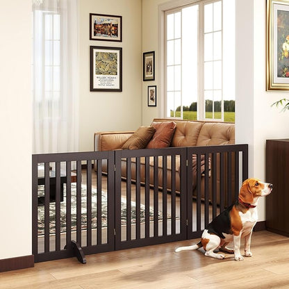 PUPETPO 24”H Freestanding Wooden Pet Gate, Dog Gate for Stairs, Doorways, and Hallways, Step Over Foldable Pet Fence for Indoor Use, Support Feet Included, 60 inch Wide 3 Panels, Espresso
