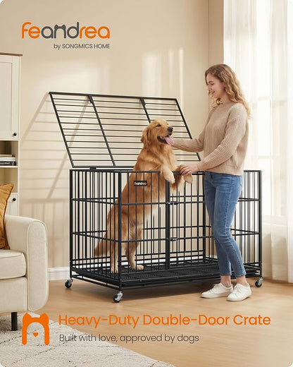 Feandrea Heavy-Duty Dog Crate, 5-Minute Quick Assembly, Foldable Dog Kennel Cage with Lockable Wheels, Double Doors, Escape Proof Fixed Bottom, Removable Tray, Easy to Clean, Ink Black, 48 Inch
