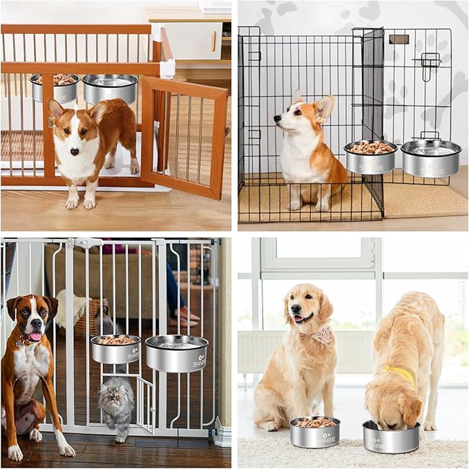 Dog Kennel Bowls for Crates, ShineMe 54oz & 34oz Dog Food Bowl and Crate Water Bowl No Spill, Stainless Steel Dogs Bowls Mountable 2 Pack, Silver (7.1x2.9” & 6.2x2.6”)