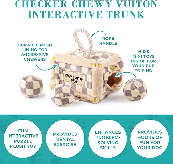 Haute Diggity Dog Chewy Vuiton Trunk Puzzle with 3 Plush Squeaky Dog Toys, Soft Durable Designer-Inspired Stuffed Puppy Chew Toys for Small & Medium Dogs, Machine-Washable (Tan Checker) One Size